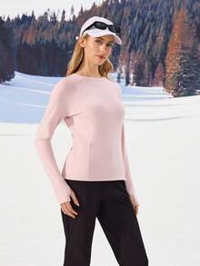OutZeal 女士冬季保暖户外T恤 粉色长袖 日常休闲保暖内衬 柔软舒适 圆领 带拇指孔