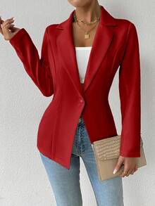 SHEIN Luminelle Women's Notched Collar Regular Shoulder Long Sleeve High Waisted Solid Color Blazer Red Jacket Fall Cloth For Women - Red - View 4