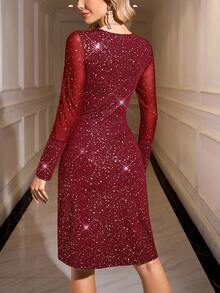 SHEIN Clasi 女士网纱拼接水晶装饰圆领长袖迷你连衣裙 - 酒紅色 - 查看 2