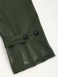 Sweetra Áo khoác da PU cổ ve trơn màu tay dài, cài hai hàng khuy, thường ngày cho nữ - xanh quân đội - Xem 3