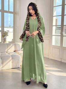 Al Najma Women's Leopard Print Patchwork Long Sleeve Casual Loose Arabic Style Dress With Hijab Scarf, Modest,Elegant, Maxi Length Arabian Dresses - Mint Green - View 7