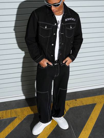 Manfinity EMRG Men's Solid Color Minimalist Casual Long Sleeve Jacket And Printed Long Pants Denim Suit Men Black Outfit