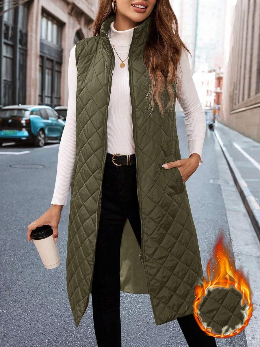 SHEIN Clasi 秋冬季无袖中长款绗缝背心，配有斜插口袋和菱形绗缝设计 - 彩色 - 查看 1