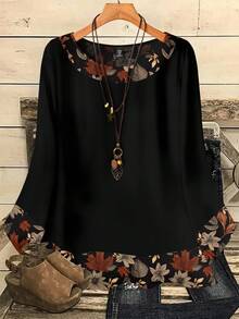 SHEIN CURVE+ Áo sơ mi họa tiết chắp vá tối giản thường ngày cỡ lớn, thu/đông - Nhiều màu - Xem 4