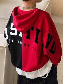 SHEIN Tween Boy 运动款大字母拼色连帽卫衣，适合春夏秋冬，适合户外玩耍、上学、街拍、聚会和居家休闲，性价比高