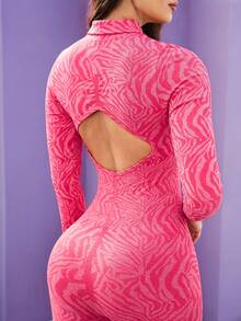 Core Rhythm Damen modischer Zebra-Muster Reißverschluss-Fitness-Jumpsuit, Frühling/Herbst