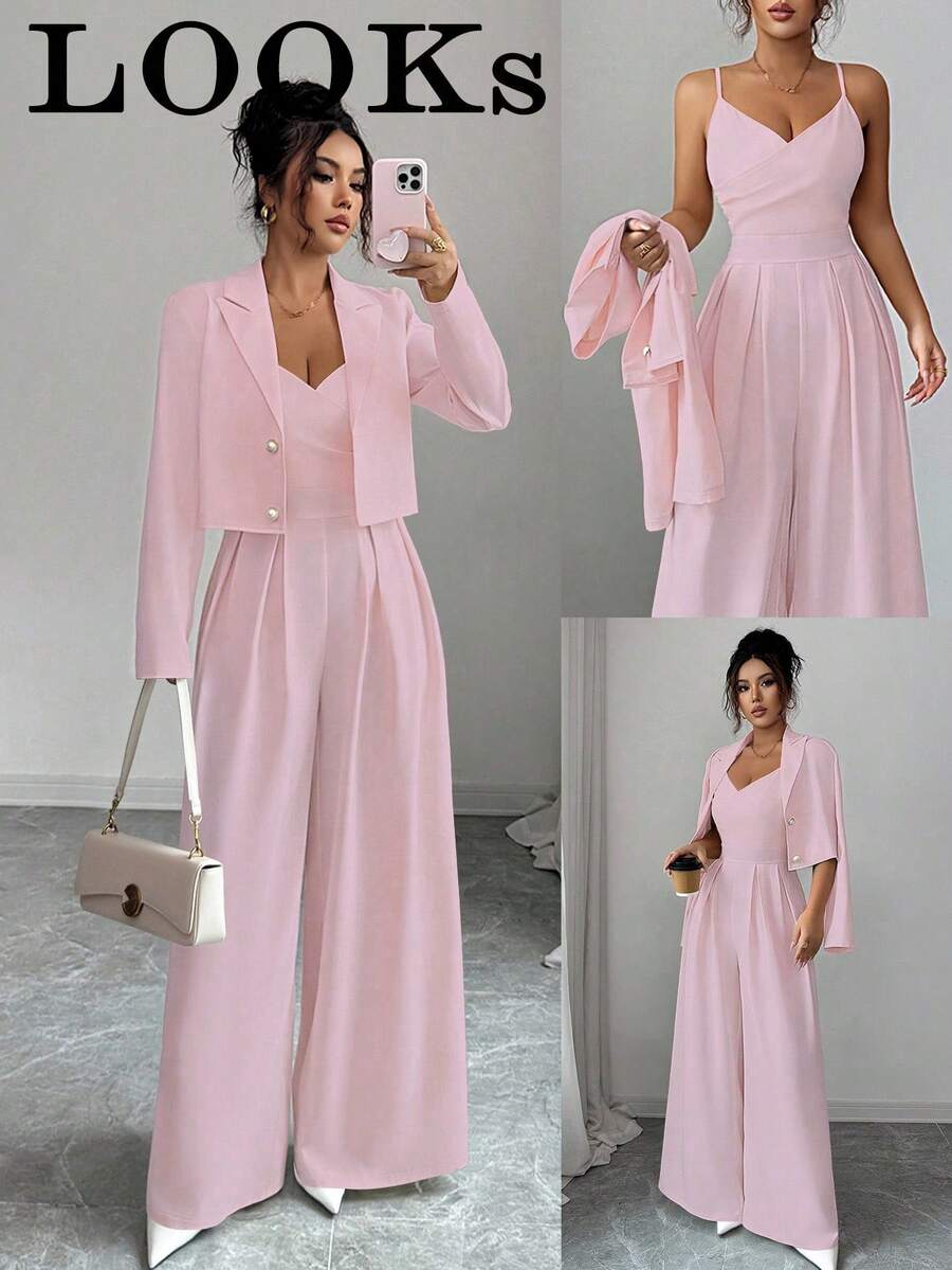 Elenzga 新款女式梭织面料细肩带露背可调节肩带阔腿连体裤，缺口领长袖夹克，通勤百搭优雅年轻女士两件套，秋冬 - 粉色 - 查看 1