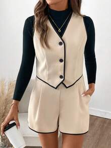 SHEIN Clasi Women's Contrast Trim Top And Shorts 2 Pieces Set Summer Suits For Women 2 Piece Sets Woman Classy