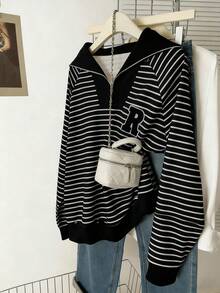 INAWLY Plus Size Polo Collar Zip-Up Striped Long Sleeve Sweatshirt - Black - View 3
