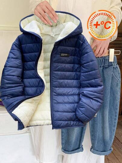 SHEIN Teen Boys' Casual Decorative Tag Detail Hoodie, Relaxed Fit Solid Color All-Match Versatile Padded Coat, Suitable For Home, Commute, School, Daily Casual, Travel, Outdoor, Party, Autumn/Winter Winter Jackets For Teens Teen Boys Winter Jackets Tween Boys Puffer Jacket Boys Thermal Lined Winter Jacket Boys Winter Jacket With Hood Fall Autumn And Winter Hooded Winter Jacket Teen Boys Jackets Thermal Lined Jacket