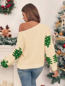 Chiquease Áo len chui đầu dáng rộng tay dài in hình cây thông Noel chéo vai cho nữ - Màu be - Xem 3