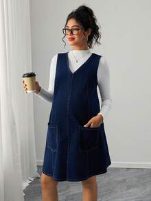 Momance 孕妇休闲V领无袖牛仔连衣裙，带口袋