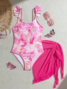 SHEIN Girls One Piece Swimsuit With Cover Up, Pink Seashell Print, Ruffle Shoulder, Quick Dry, Adjustable Straps, Beach Swimwear For Kids, Summer Vacation, Pool Party, 1pc Tween Girls Tie Dye & Seashell Print One-Piece Swimsuit Swim Skirt Teen Girls Tween Swimsuits Sea Shells Bikini Set With Sarong Skirt Swimsuit Tween Pink Tween Girl Swimsuit With Skirt - Multicolor - View 4