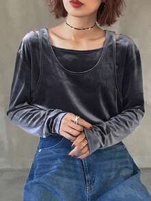 FRIFUL Women's Velvet T-Shirt Vest, 2 In 1 Loose Fit Thick Fabric Outerwear Top, Streetwear Style - Black - View 9