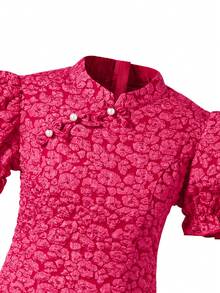 女童中国新年旗袍连衣裙，红色，喜庆，适合中国新年，适合新年派对，奢华优雅，立领，东方风格 - 紅色 - 查看 4