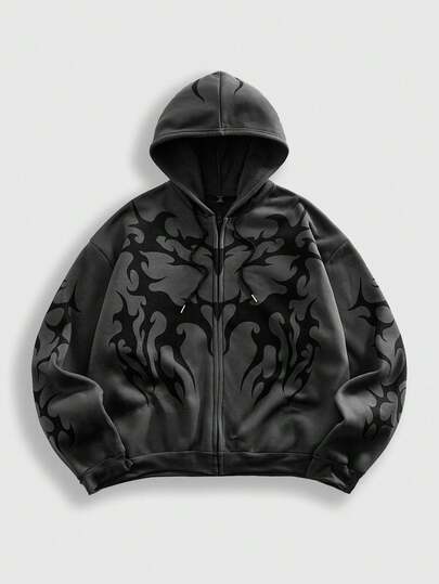 Street Life Sudadera con capucha con cremallera y cordón de impresión gótica para hombres