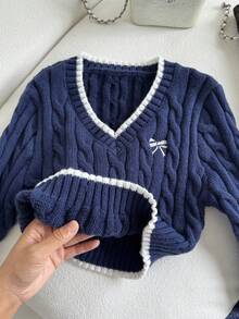 SHEIN 少女蝴蝶结刺绣V领长袖休闲毛衣，秋冬季 - 藏蓝色 - 查看 7