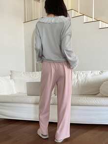 DAZY Conjunto de Pijama Feminino Solto com Babado de Cor Contrastante