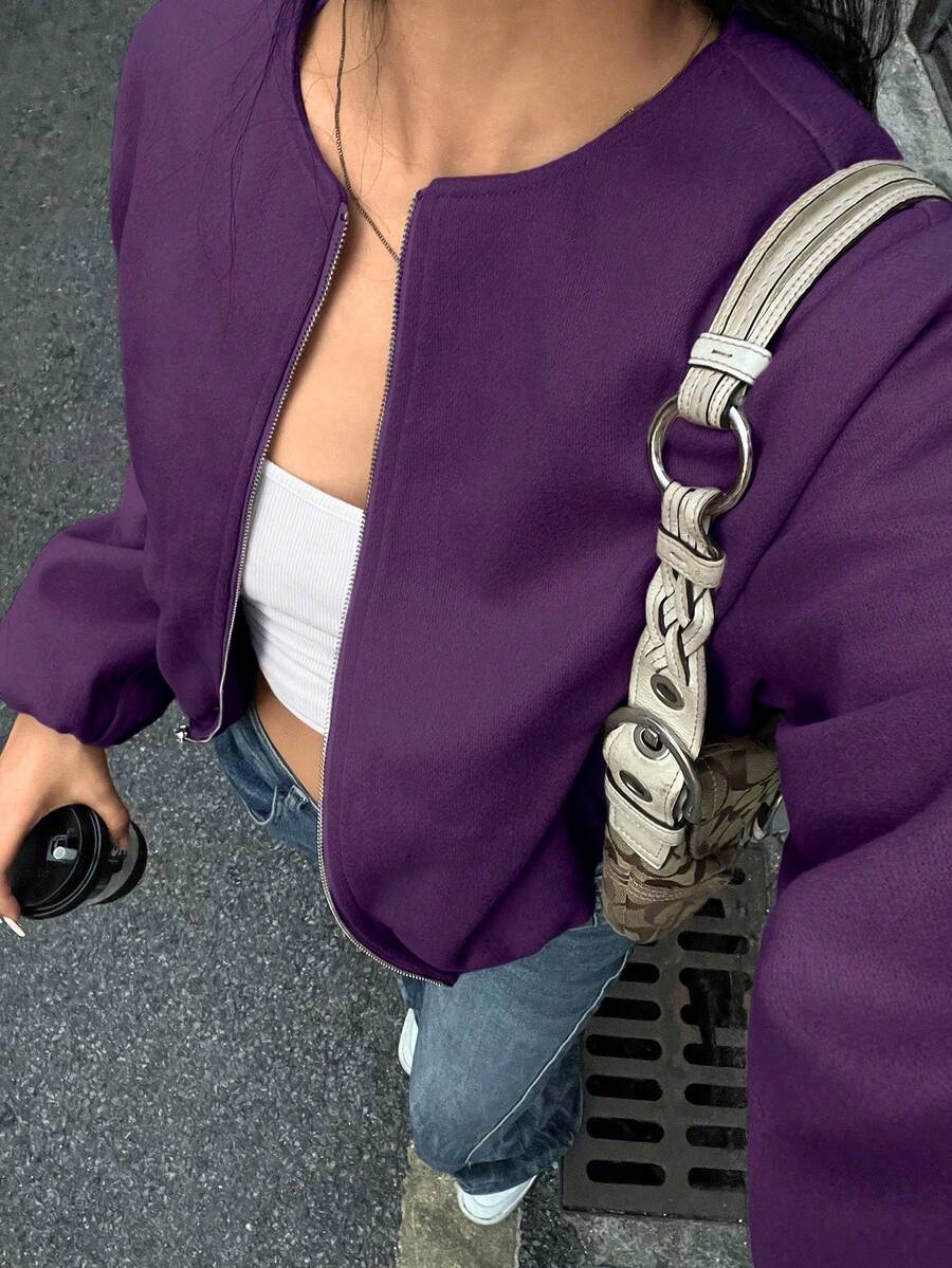 SHEIN LUNE Chaqueta corta con cremallera de unicolor simple para uso diario y casual de las mujeres - Morado - Ver 1