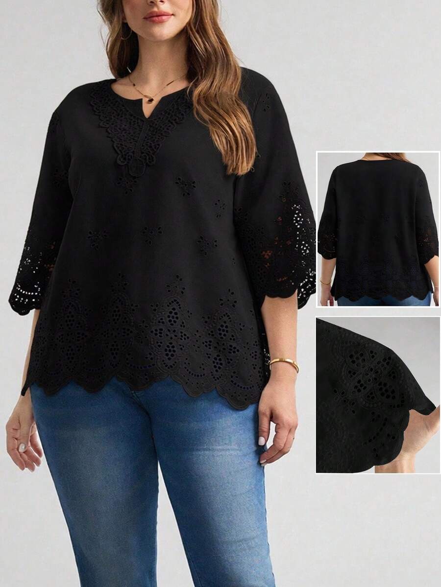 SHEIN LUNE Plus Size Women's Fashionable Elegant Mesh Embroidered Notched Neck Blouse - Black - View 1