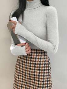 DAZY Women's Solid Color Minimalist Casual Turtleneck Slim Fit Long Sleeve Base Layer T-Shirt - Grey - View 2