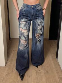 Jeanoix Women's High Waist Pocketed Distressed Wide Leg Loose Casual Jeans - Blue - View 3