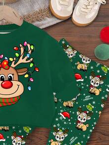 Baby Girl Christmas Outfit,Cute Modest Dark Green Autumn Reindeer Snowflake Fair Isle Knit Sweatshirt And Leggings Set For Matching Family Festive - Multicolor - View 5