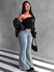 SHEIN ICON Plus Size Women High Waist Cross Embroidery Pocket Flare Casual Jeans - Blue - View 6