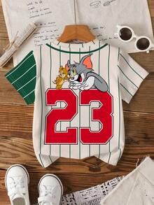 TOM & JERRY X SHEIN 男童休闲撞色条纹卡通图案短袖T恤，夏季