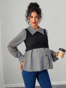 Momance Maternity Casual Plaid Puff Sleeve Shirt, Autumn