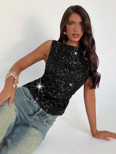 Aloruh Débardeur moulant à col rond avec ornements pailletés sans manches pour femmes, convient pour les fêtes, Noël, Nouvel An