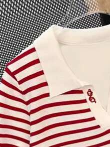 SHEIN Blusa Casual Solta de Manga Curta com Listras para Mulheres - Multicolorido - Visão 3