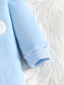 1pc Young Girl' Plush Thick Blue Cloud & Smiling Face Embroidered Pink Hooded Jumpsuit, Cute Autumn/Winter Sleepwear