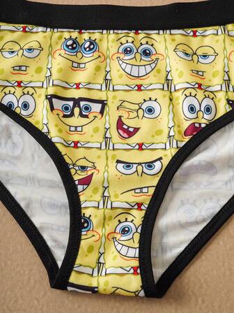 SpongeBob SquarePants | SHEIN Bekvämt set med tecknat mönster och kontrastfärgade trosor för kvinnor
