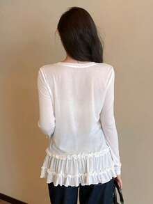 DAZY Women's Crew Neck Ruffle Hem Patchwork Loose Long Casual Base Layer T-Shirt - White - View 3
