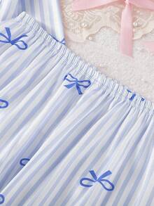 2pcs Women & Teen GirlElegant Plaid Satin Fabric Cardigan & Pants Casual Comfortable Pajama Set Bow Print Pajamas Teen Girls Pajamas-Pajama Set Notch Collar Long Sleeve Top With Bow Print Striped Lounge Pants Light Blue Piped Trim Home Wear All Season 2026 New Year Essential - Blue - View 10