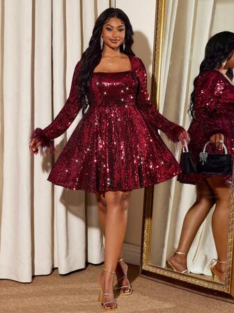 Truni Plus Size Women's Red A-Line Loose Dress, Sequin Decor Party Dress Slay Diva Dress Party Dress Sequins Dress Long Sleeve Elegant Dress Sequin, For Pear Triangle Body Shape/Dress