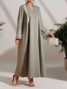 Al Najma 女士休闲奢华珍珠装饰橄榄绿宽松阿拉伯风格连衣裙 - 綠色 - 查看 5