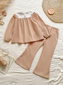 Vintaside Kids 女童春秋季蕾丝领长袖简约休闲西式衬衫搭配休闲长裤套装，适合温和天气旅行、度假、露营或日常休闲穿着 - 駝色 - 查看 2