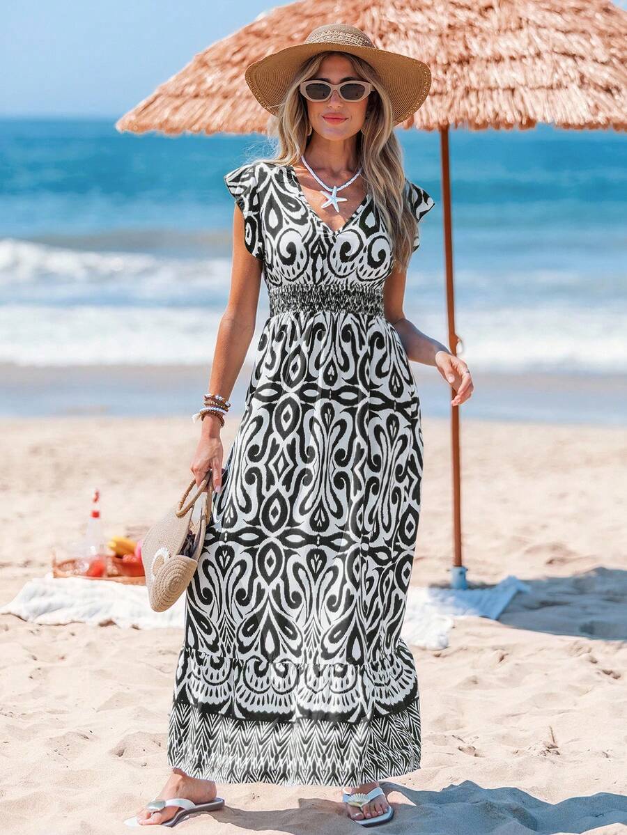 Sylviya Váy chữ A in họa tiết hoa giản dị cho kỳ nghỉ dành cho nữ, cổ chữ V, tay lửng, eo thắt chặt, viền bèo nhún - màu đen - Xem 1