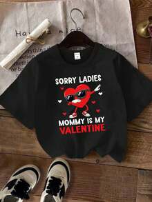 SHEIN 1件幼儿男童休闲情人节祝福语和卡通爱心印花圆领短袖T恤，适合情人节家庭聚会 - 黑色 - 查看 3