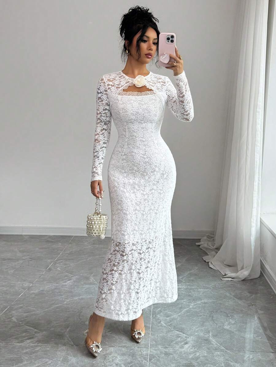 Rafferiza 女士时尚优雅修身蕾丝拼接连衣裙 - 白色 - 查看 1