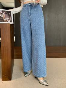 DAZY Women's Relaxed Fit Straight Leg Jeans With Floral Textured Striped Pattern, Suitable For Autumn, Winter, Spring Y2k - Medium Wash - View 7