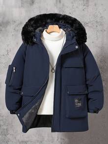 Vacaura Boys' Mid-Length Hooded Padded Coat With Fur Collar, Autumn/Winter Fall