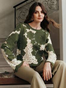 Anewsta 女士花卉镂空圆领宽松长袖毛衣，秋冬季时尚之选 - 軍綠色 - 查看 1