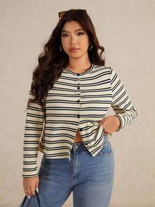 Elaquor Áo thun cardigan kẻ sọc cổ tròn cài nút phía trước cỡ lớn - Màu xanh lam - Xem 5