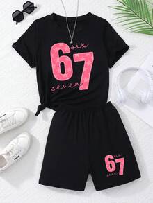 2pcs/Set Girls Letter & Number Print Round Neck Short Sleeve T-Shirt And Shorts Set - Black - View 3