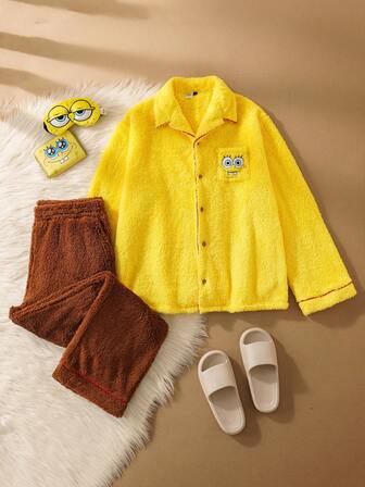 SpongeBob SquarePants | SHEIN 男士舒适卡通刺绣长袖上衣和长裤家居服套装，秋冬款