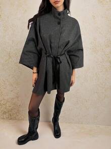 SHEIN Tall Women's Elegant High Collar Batwing Sleeve Cinched Waist Waist Wool Blend Coat In Fall/Winter - Grey - View 7