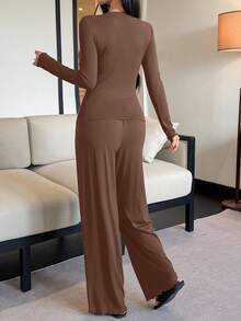 DAZY 2pcs Solid Color Comfortable Knit Long Sleeve Top And Pants Women Pajama Set - Brown - View 2